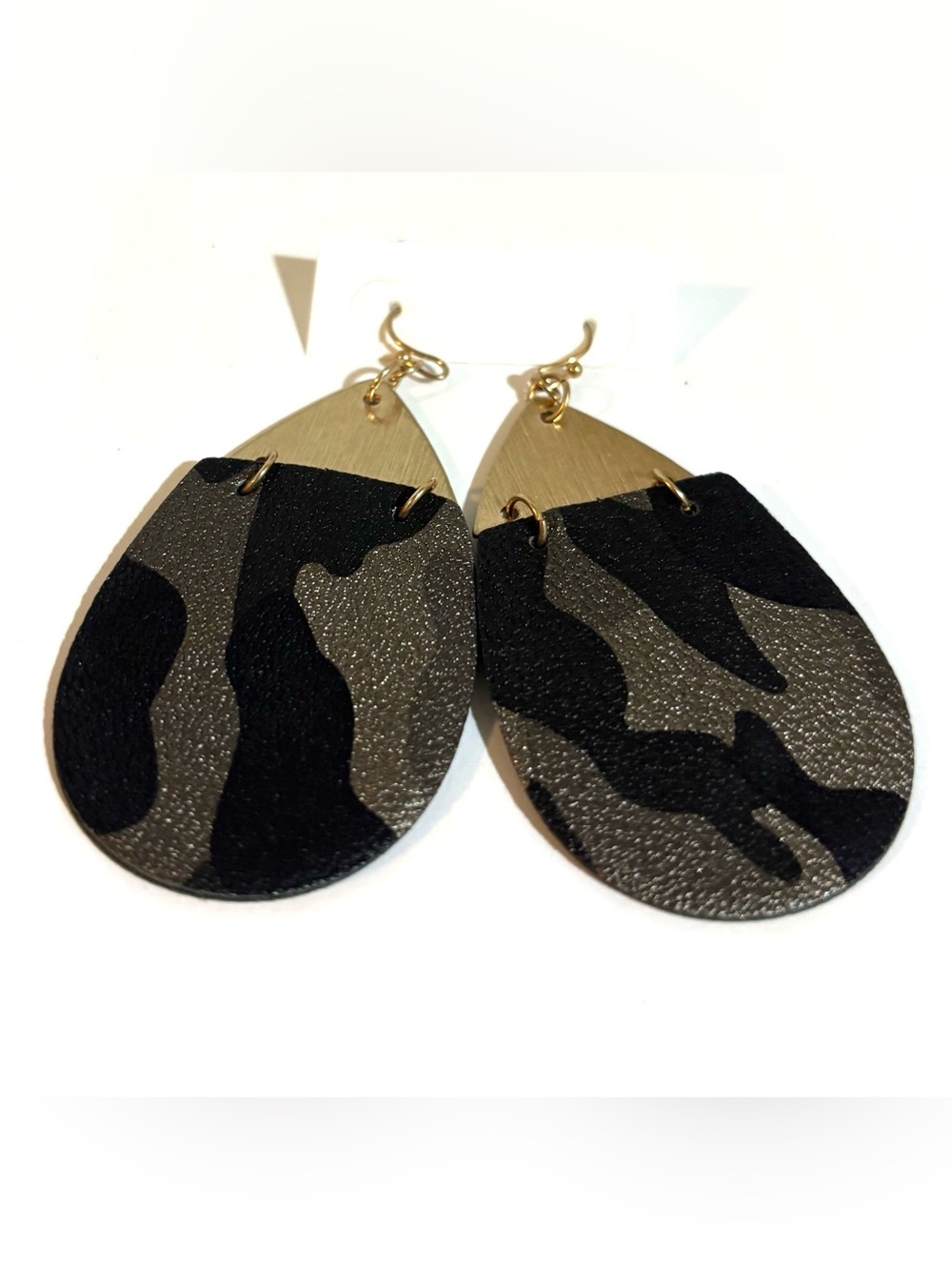 Gold and Black Camo Teardrop Leather Earrings